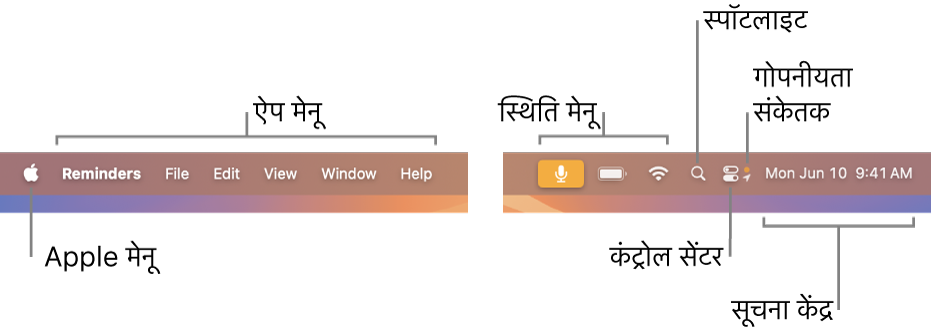 मेनू बार। बाएँ ओर Apple मेनू और ऐप मेनू हैं। दाईं ओर स्थिति मेनू, Spotlight, कंट्रोल सेंटर, गोपनीयता संकेतक और सूचना केंद्र स्थित हैं।