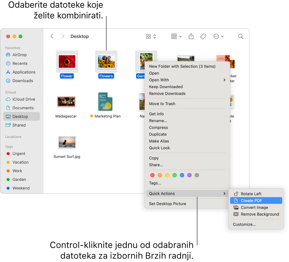 Prozor Findera koji sadrži datoteke i mape, gdje su odabrane tri datoteke i u izborniku Brzi postupci označena je opcija Izradi PDF.