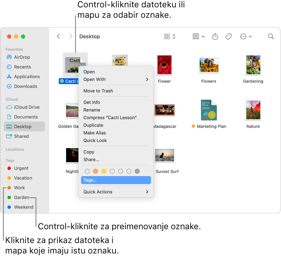 Prozor Findera koji sadrži označene datoteke i mape, s odabranom datotekom. U izborniku prečaca, za oznake postoji izbor boja, a opcija Oznake je istaknuta.