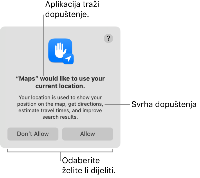 Aplikacija Karte traži dopuštenje za uporabu vaše trenutačne lokacije.
