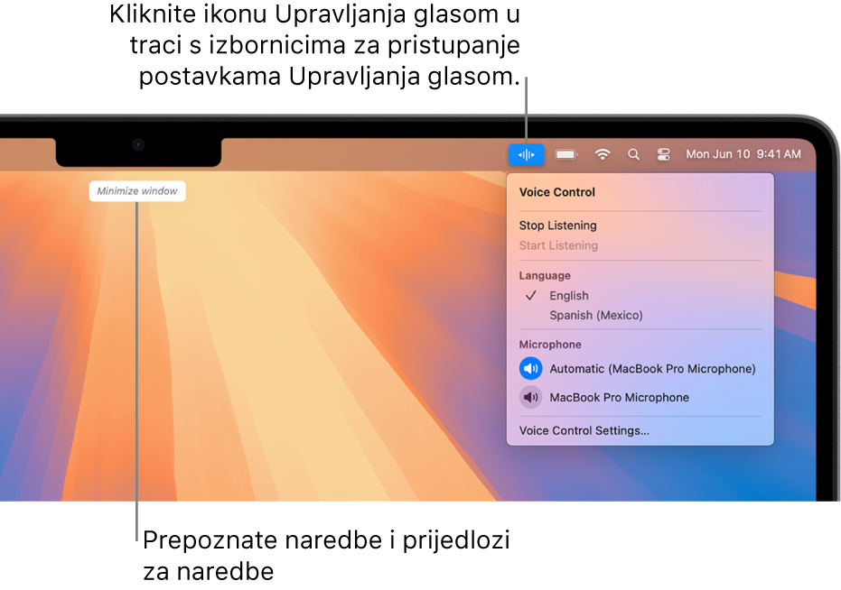 Zadnja naredba koju prepoznaje Upravljanje glasom prikazuje se pri vrhu radne površine. S desne je strane prikazana ikona Upravljanja glasom u traci s izbornicima i otvoren je izbornik Upravljanja glasom.