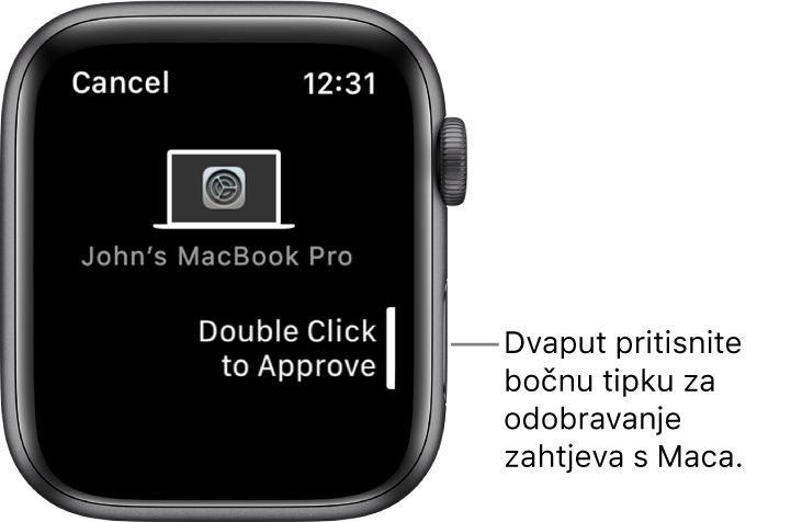 Apple Watch prikazuje zahtjev za odobrenjem iz računala MacBook Pro.