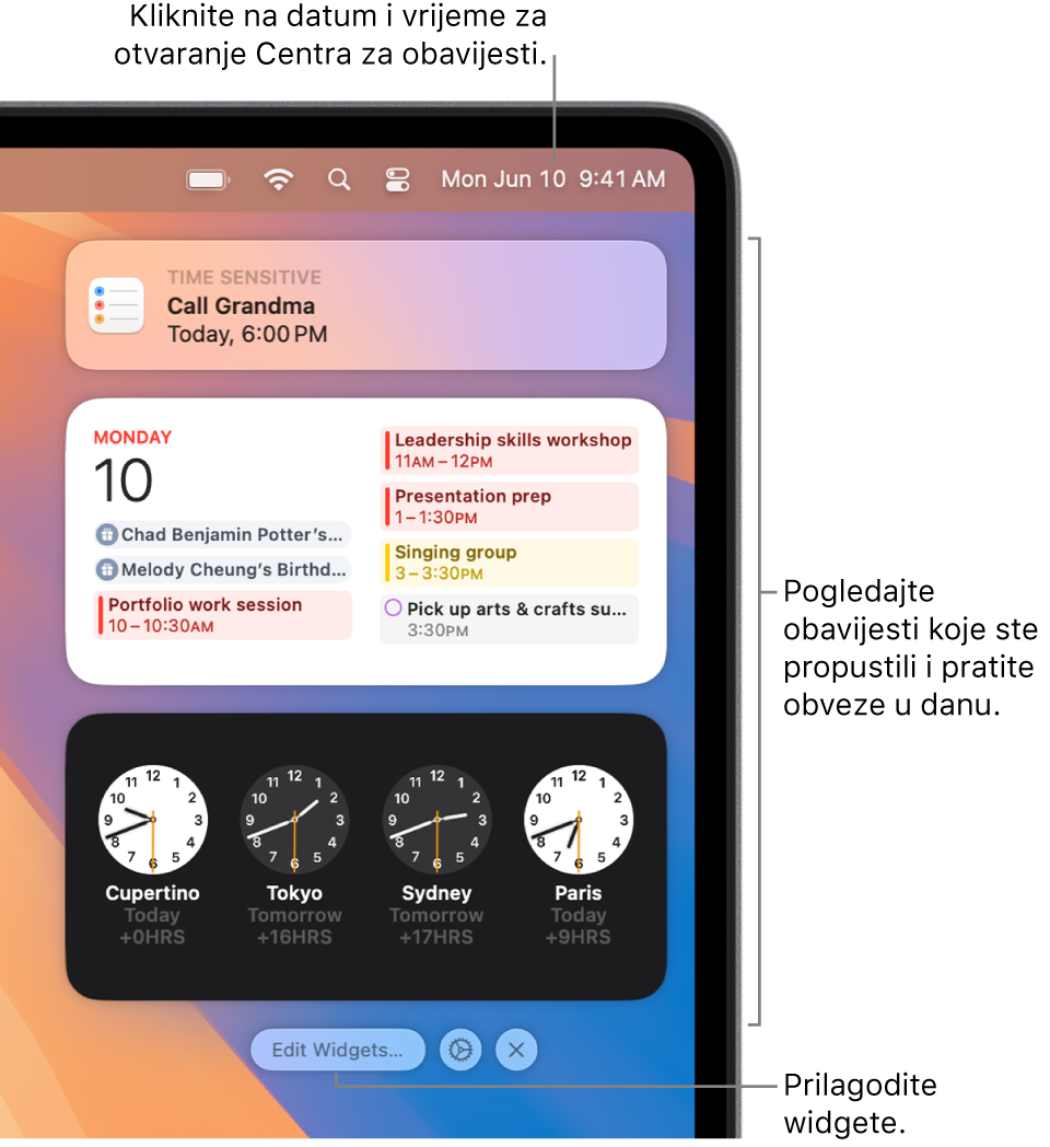 Obavijesti i widgeti u Centru za obavijesti.