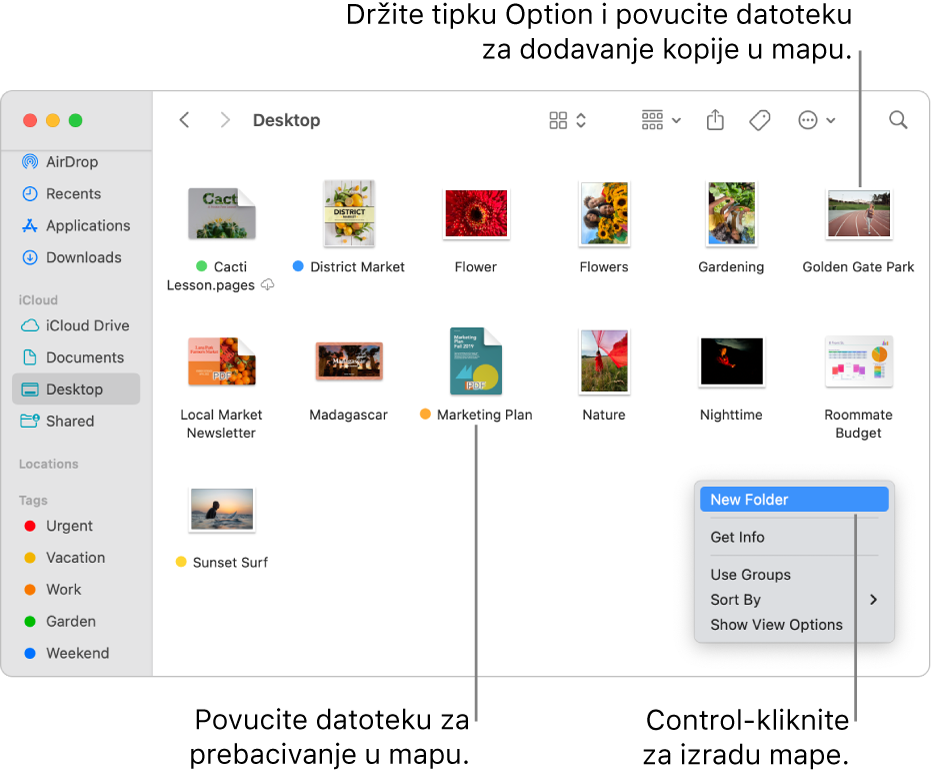 Prozor Finder koji sadrži datoteke i mape. U nazivu prečaca istaknuta je Nova mapa.