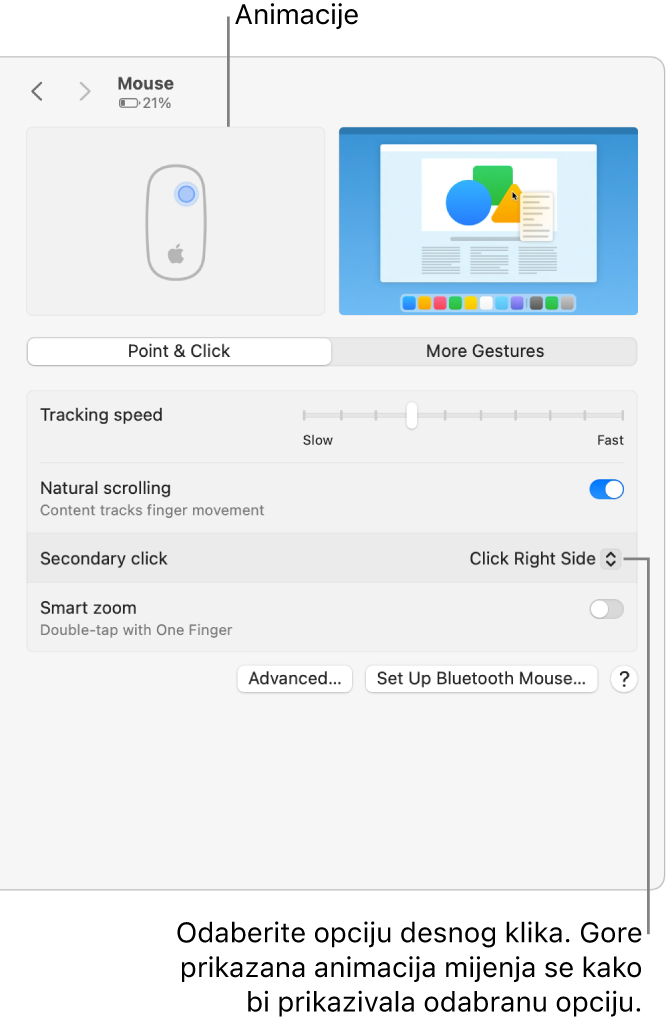 Opcije miša u Postavkama sustava s prikazom opcije sekundarnog klika postavljene na opciju Klikni desnu stranu te odgovarajuće animacije.