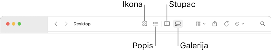 Gornji dio prozora Findera s prikazom tipki opcija Prikaza za mapu.