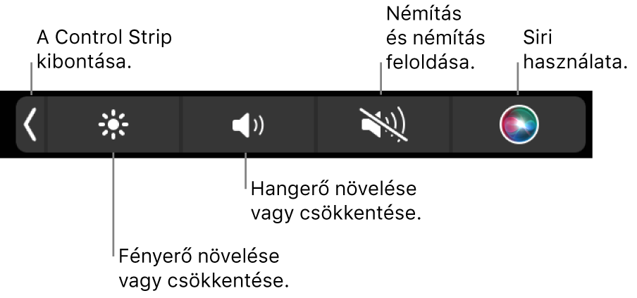 A visszazárt Control Strip gombokat tartalmaz, amelyek (balról jobbra) a következők: a Control Strip kibontása, a képernyő fényerejének és a hangerőnek a növelése és csökkentése, a némítás, a némítás feloldása, valamint a Siri használata.