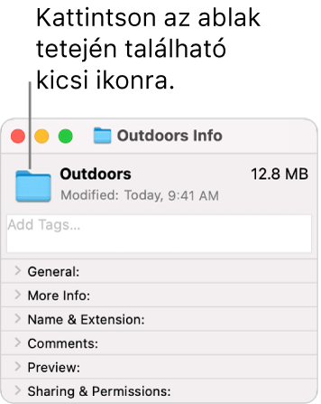 Egy mappa Infó ablaka a kijelölt mappa általános ikonjával.