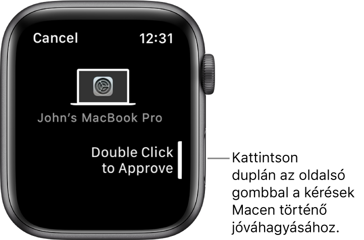 Egy Apple Watch, amelyen egy MacBook Pro által küldött elfogadási kérelem látható.