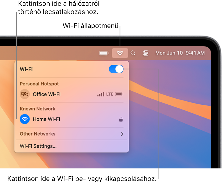 A Wi-Fi állapotmenü, amelyen a Wi-Fi be/ki gomb, egy Személyes hotspot és ismert hálózatok láthatók.