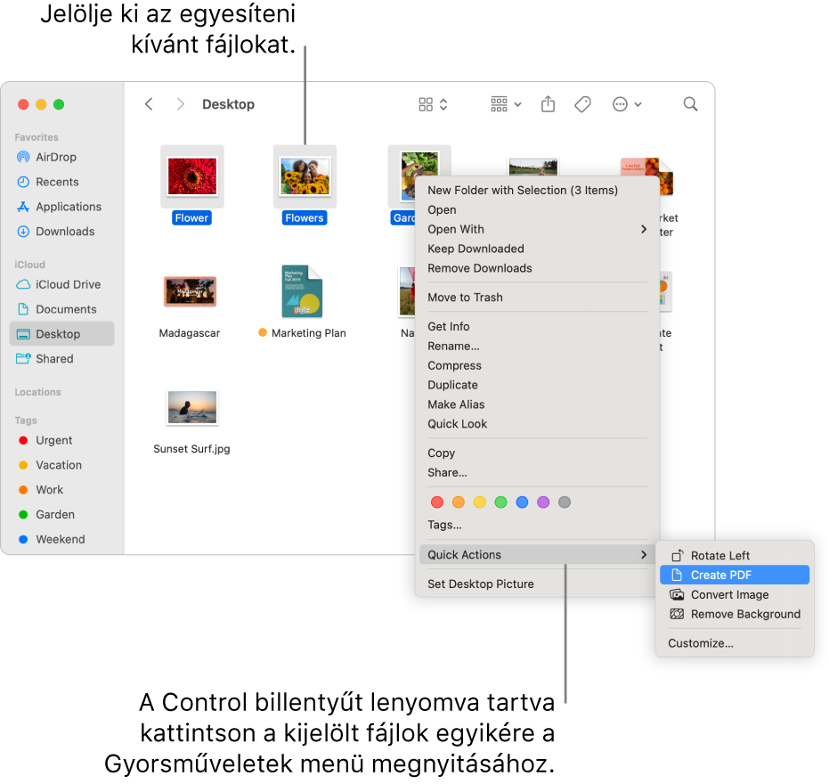 Egy fájlokat és mappákat tartalmazó Finder-ablak, amelyben három fájl van kiválasztva, és a PDF létrehozása van kijelölve a Gyorsműveletek menüben.