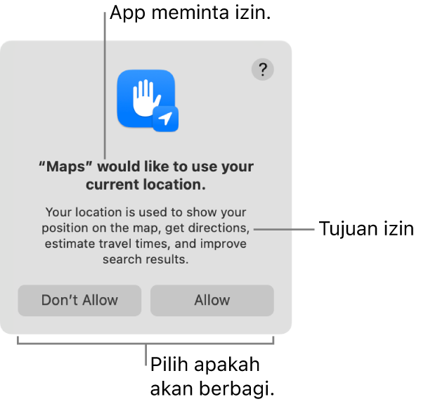 App Peta yang meminta izin untuk menggunakan lokasi Anda saat ini.