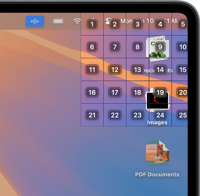 Grid ditampilkan di pojok kanan atas layar, tempat dua tumpukan desktop terletak. Grid memilih lima kolom dan lima baris, dan setiap sel diberi nomor, 1 hingga 25.