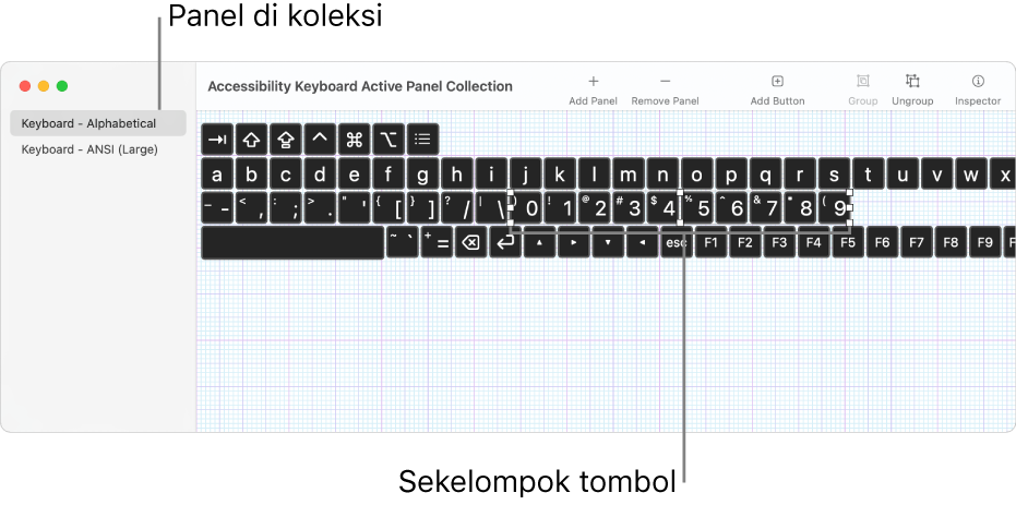 Sebagian jendela koleksi panel menampilkan daftar panel papan ketik di sebelah kiri, di sebelah kanan, tombol dan grup yang terdapat di panel.