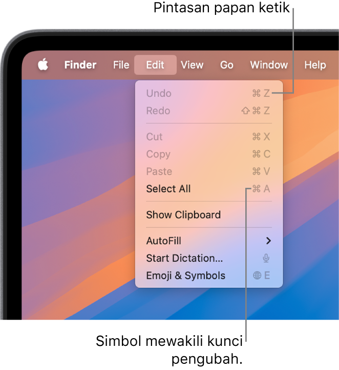 Menu Edit dibuka di Finder; pintasan papan ketik muncul di samping item menu.