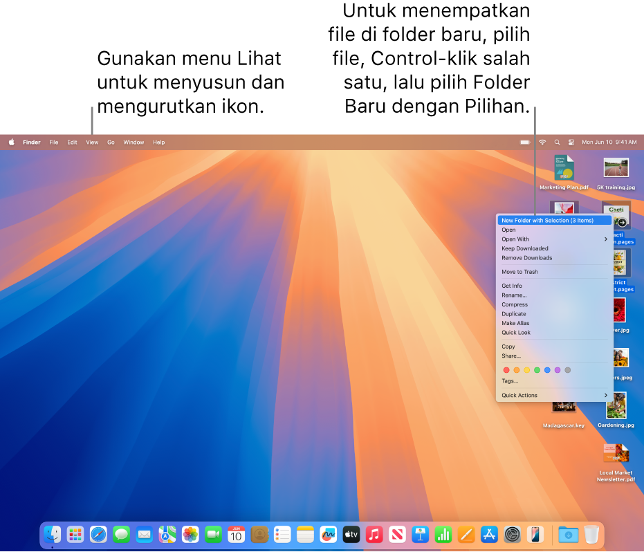 Desktop menampilkan file dan folder. Beberapa file dipilih untuk diletakkan di folder baru. Control-klik dari file yang dipilih menampilkan menu pop-up, dan Folder Baru dengan Pilihan dipilih.