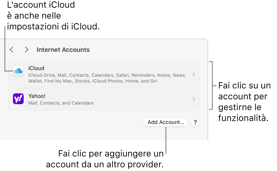 Impostazioni di Account Internet con l’elenco degli account che sono configurati sul Mac.