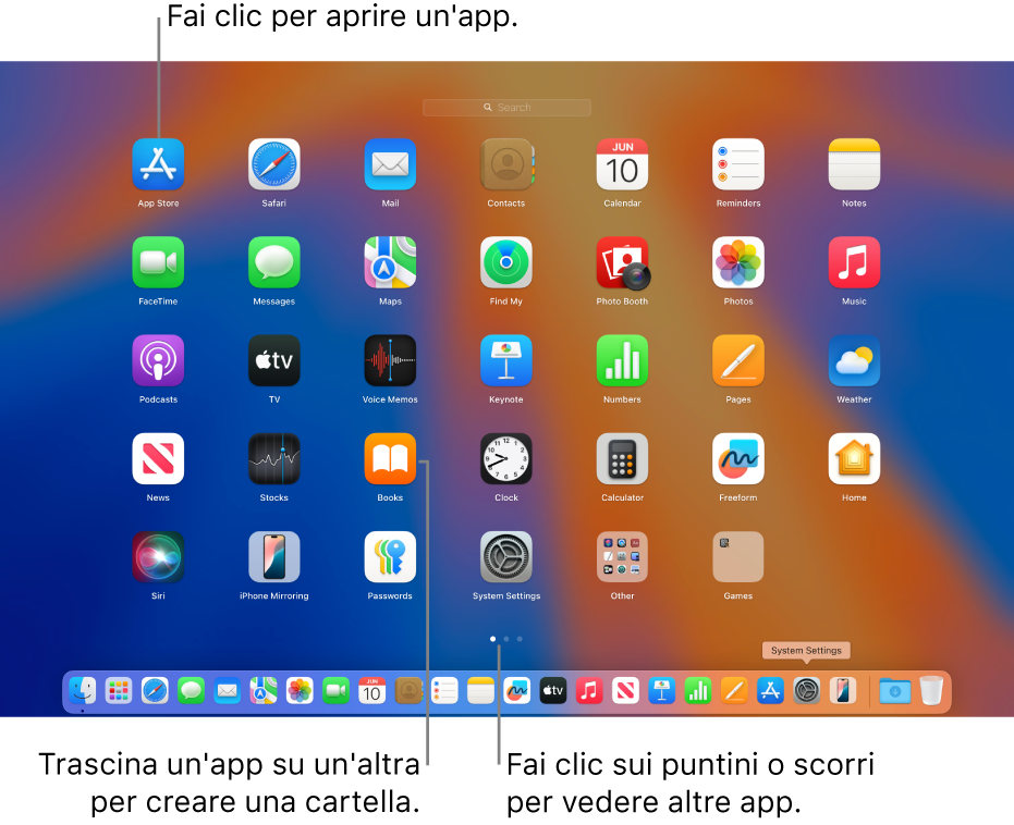 Launchpad con le app che puoi aprire.