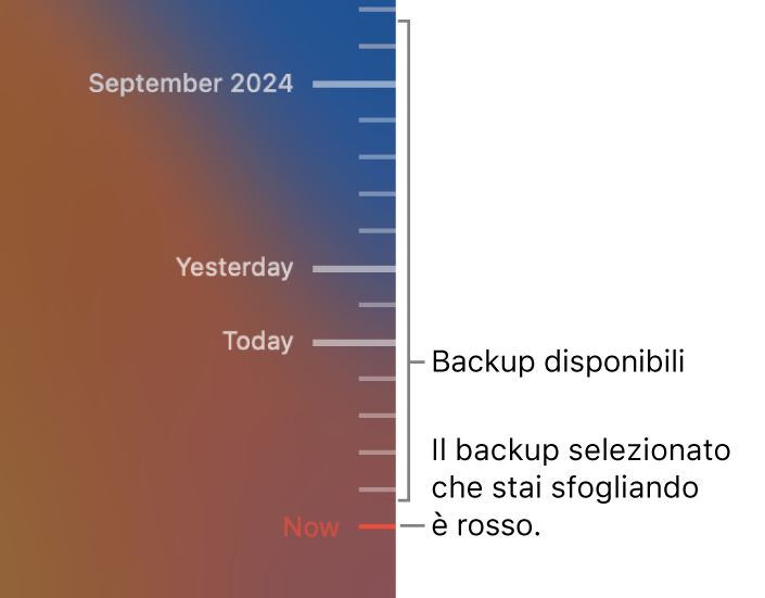 Linee che indicano i backup nella timeline. Il segno di spunta rosso indica il backup che stai sfogliando.