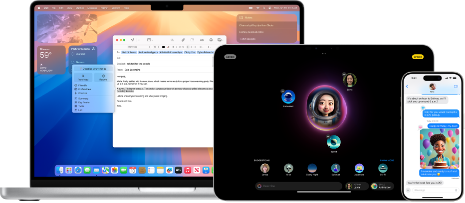 Le funzionalità di Apple Intelligence mostrate su un Mac, un iPad e un iPhone.