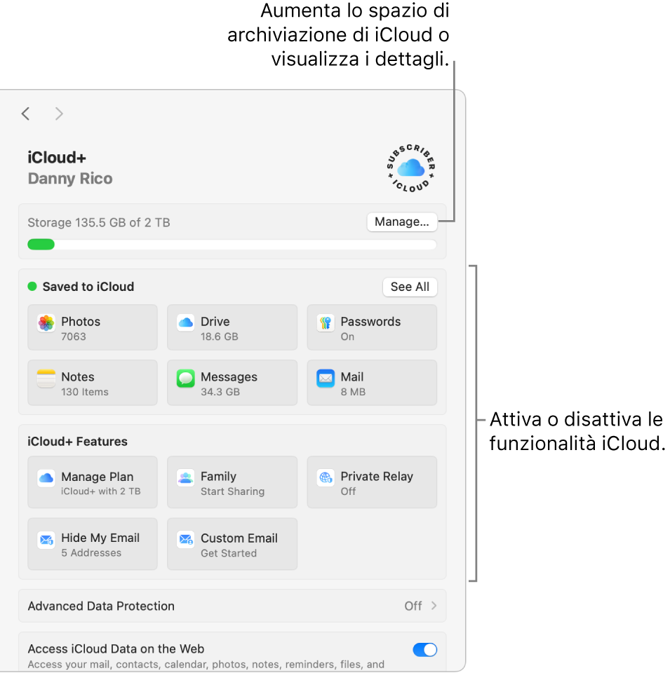 Le impostazioni di iCloud con tutte le funzionalità attive.