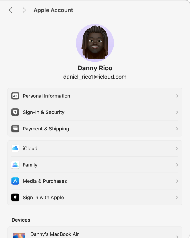 「Apple Account」設定。Apple Accountのピクチャが上に表示されています。