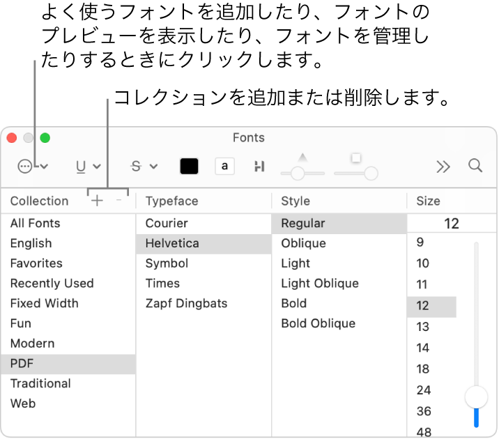 コレクションの追加と削除、フォントの色変更、フォントのプレビューと管理、「よく使う項目」へのフォントの追加などの操作がすばやくできる「フォント」ウインドウ。