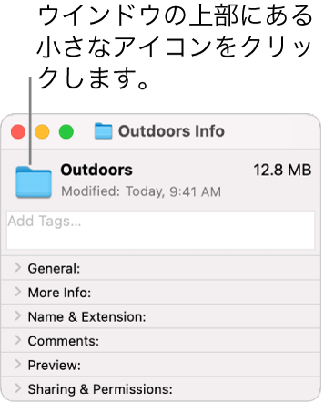 フォルダの「情報」ウインドウ。選択されたフォルダの一般的なアイコンが表示されています。