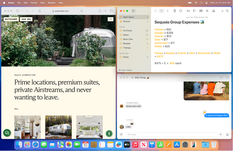 화면 절반에 Safari 윈도우, 오른쪽 상단 모서리에 메모 윈도우, 오른쪽 하단 모서리에 메시지 윈도우 등 세 개의 윈도우가 타일로 표시된 Mac 데스크탑.