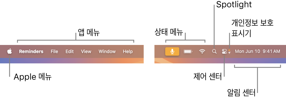 메뉴 막대. 왼쪽에 있는 Apple 메뉴와 앱 메뉴. 오른쪽에 있는 상태 메뉴, Spotlight, 제어 센터, 개인정보 보호 표시기 및 알림 센터.