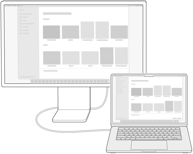 Paparan yang disambungkan ke MacBook Air dengan desktop dicerminkan merentas kedua-dua skrin.