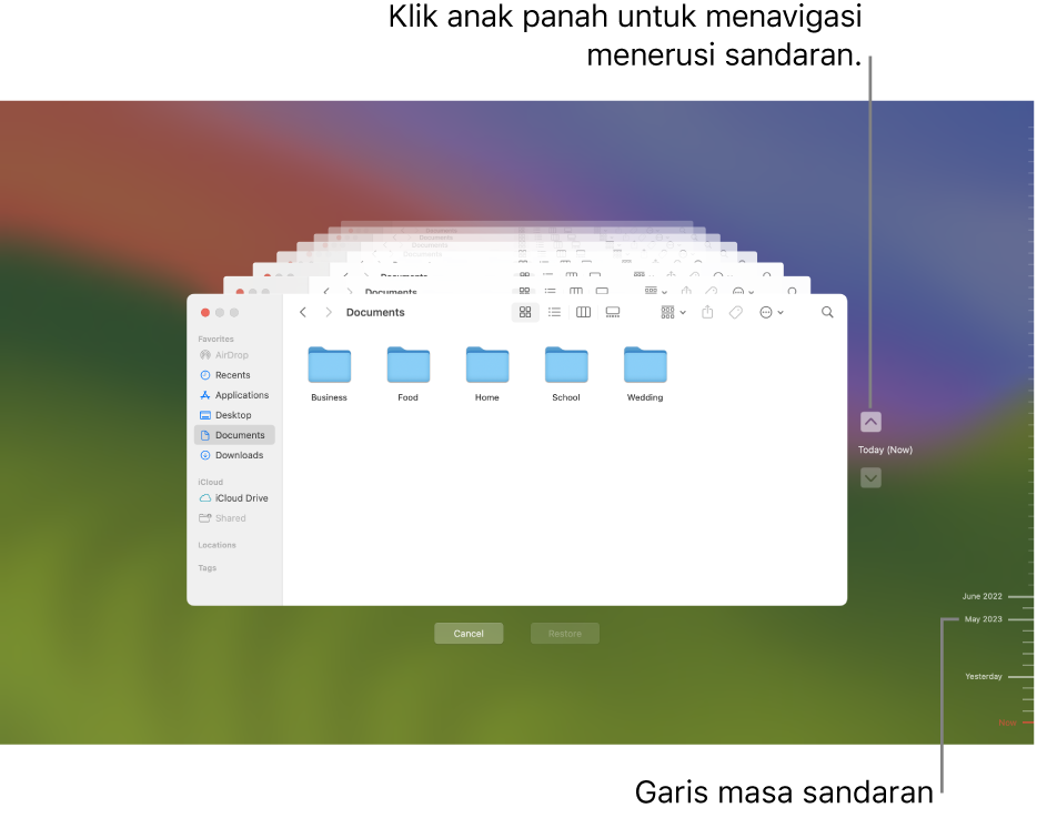 Tetingkap Time Machine menunjukkan berbilang skrin Finder yang ditindan untuk mewakili sandaran, dengan anak panah untuk navigasi. Anak panah dan sandaran garis masa di sebelah kanan membantu anda menavigasi menerusi sandaran anda supaya anda boleh memilih fail untuk dipulihkan.