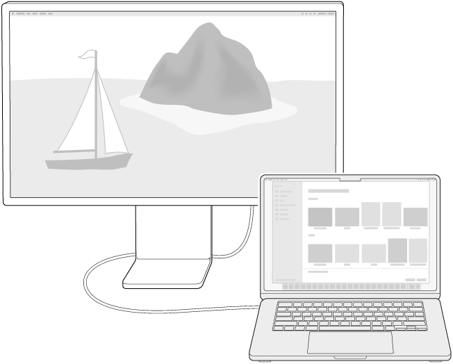 Paparan yang disambungkan ke MacBook Air dengan desktop diperluas merentas kedua-dua skrin.