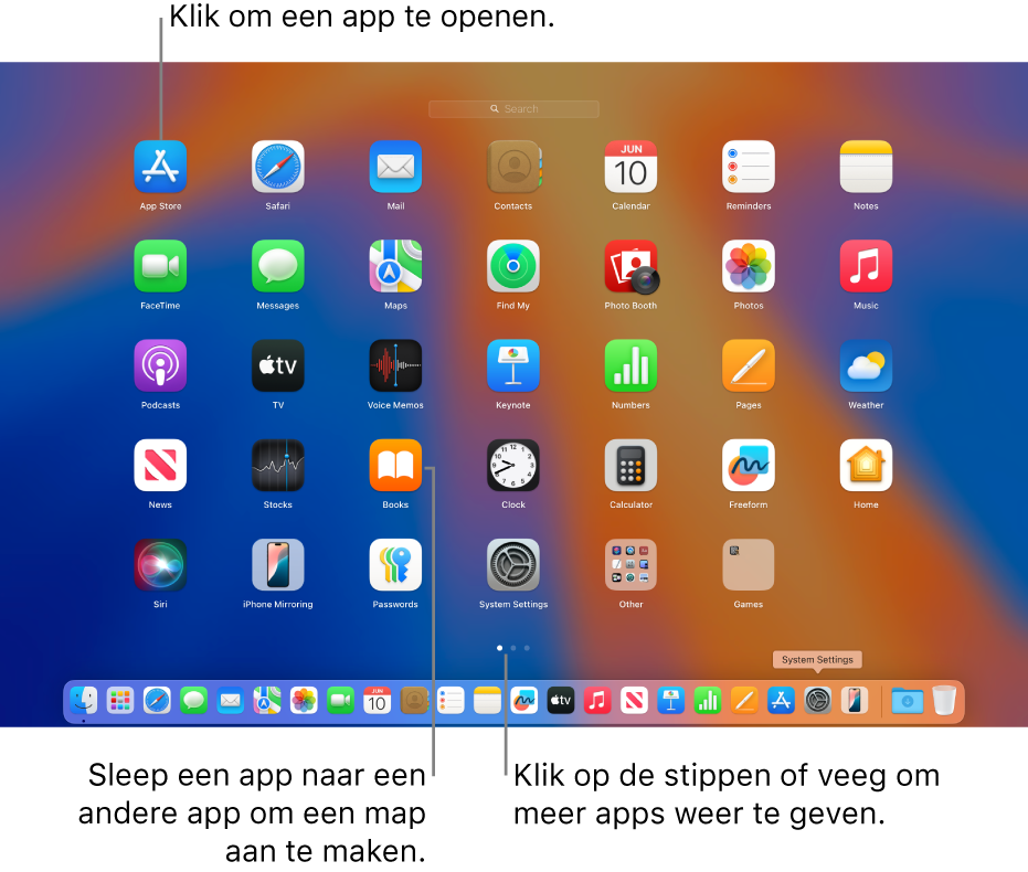 Launchpad met apps die je kunt openen.