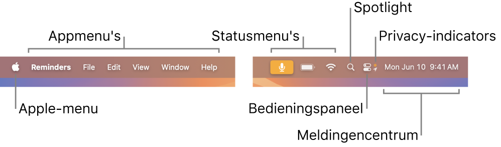 De menubalk. Links staan het Apple-menu en de appmenu's. Rechts staan de statusmenu's, Spotlight, het bedieningspaneel, privacy-indicators en het meldingencentrum.