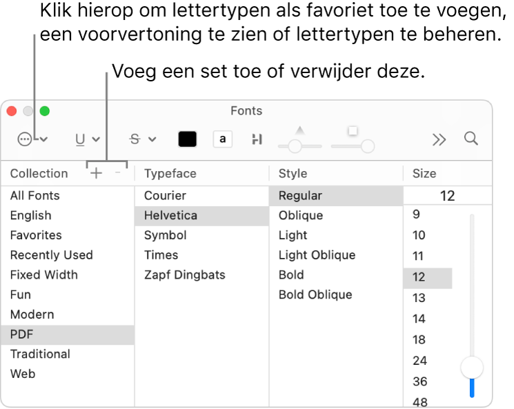 In het venster 'Lettertypen' kun je snel sets toevoegen of verwijderen, de letterkleur wijzigen en andere taken uitvoeren zoals lettertypen beheren, er een voorvertoning van bekijken of ze aan Favorieten toevoegen.