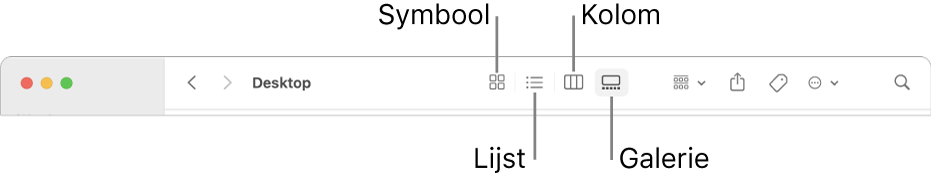 De knoppenbalk van de Finder met knoppen voor de weergaveopties voor een map.