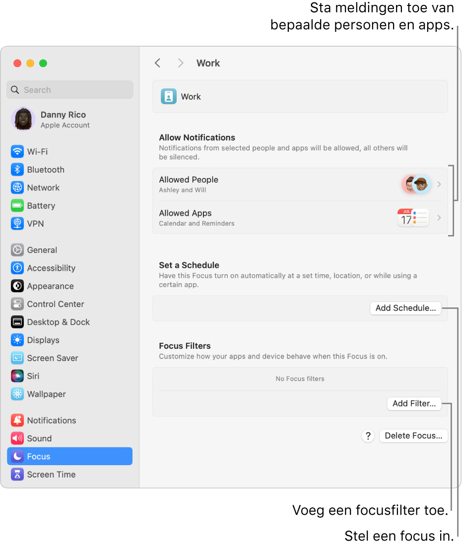 Focusinstellingen voor de focus 'Werk'. Bovenaan staat de lijst van mensen en apps waarvoor meldingen zijn toegestaan wanneer de focus 'Werk' actief is.