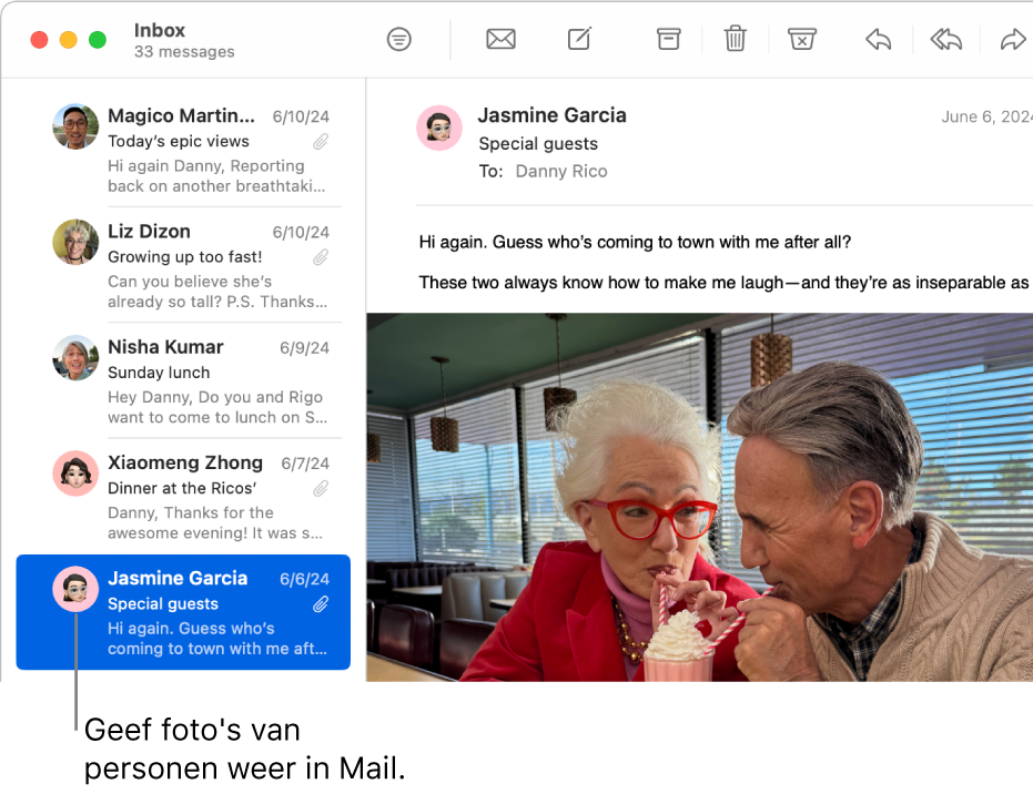 Het venster van Mail met de berichtenlijst, met de afbeelding van de afzenders naast hun naam.