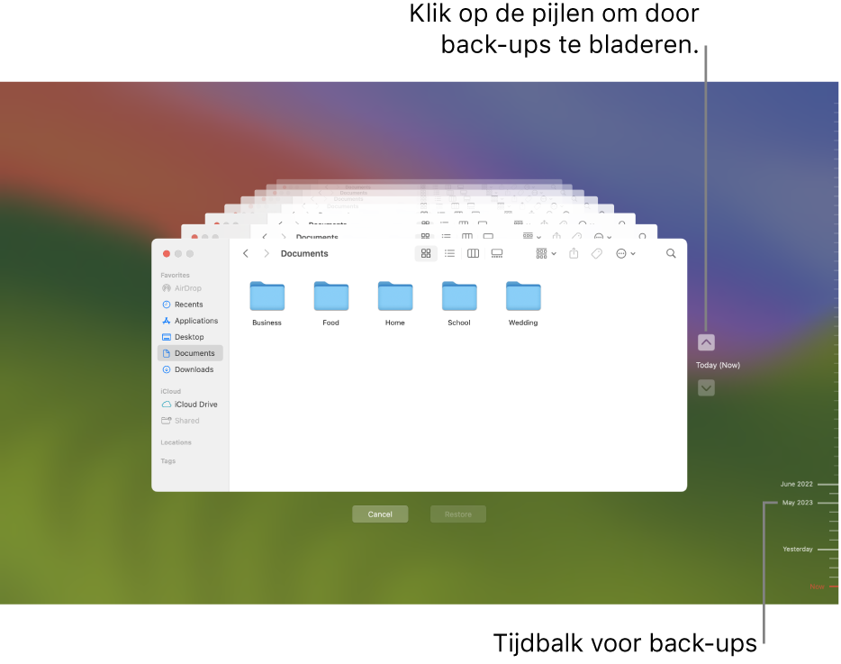 Het Time Machine-venster met meerdere gestapelde Finder-schermen die de back‑ups voorstellen en pijlen voor de navigatie. Met de pijlen en de tijdbalk aan de rechterkant kun je door je back‑ups bladeren en de bestanden kiezen die je wilt herstellen.