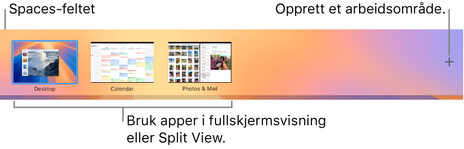 Spaces-feltet som viser et skrivebord, apper i fullskjermvisning og Split View-visning, og Legg til-knappen for å opprette et arbeidsområde.