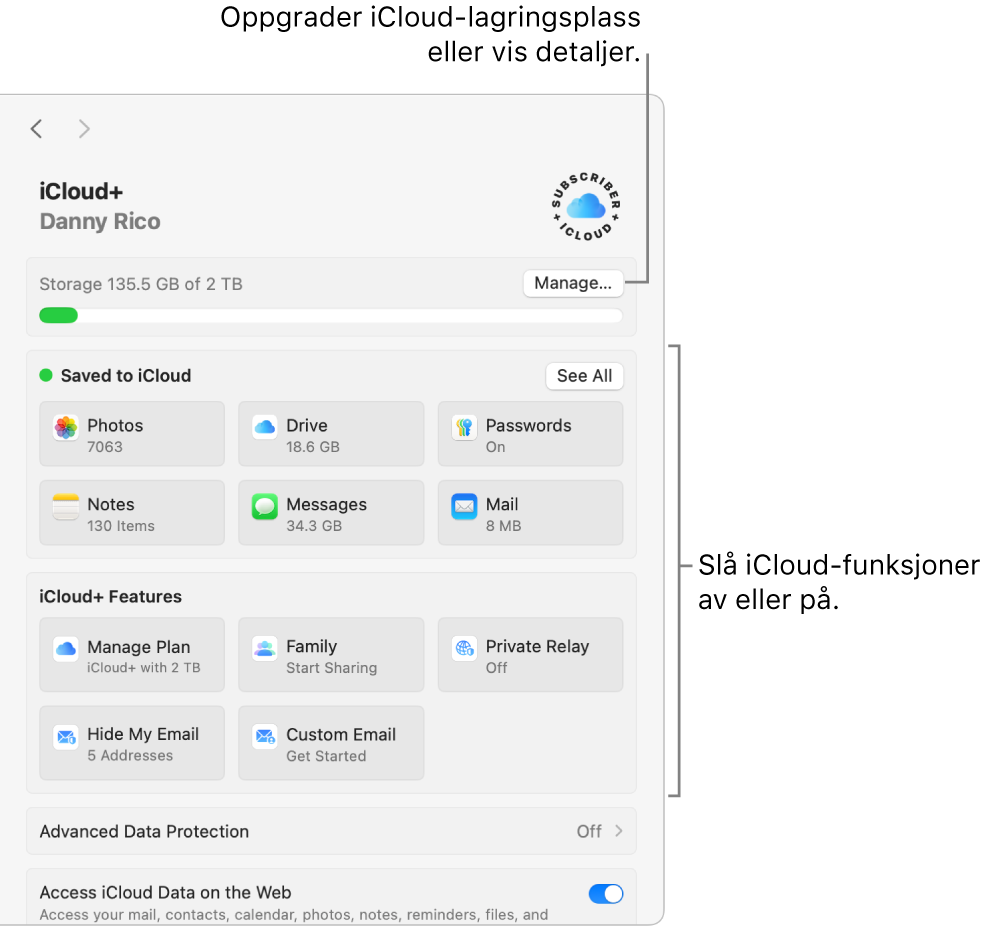 iCloud-innstillinger med alle funksjonene slått på.