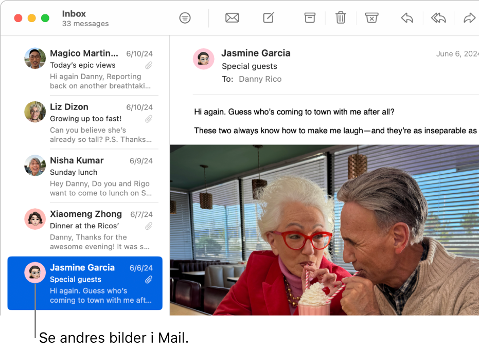 Mail-vinduet som viser meldingslisten med avsenderens navn og bilde.
