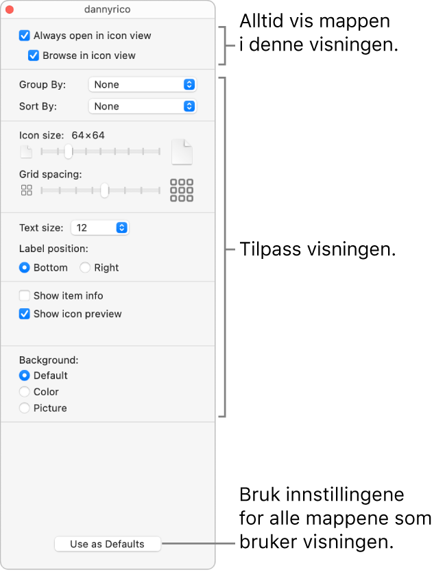 Symbolvisningsvalg for en mappe.