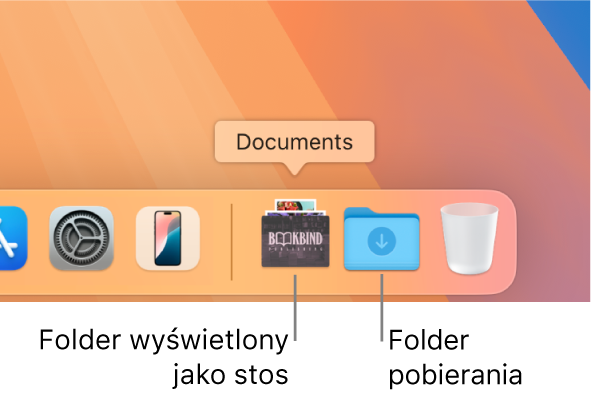 Prawy koniec Docka z folderem wyświetlanym jako stos oraz folderem Pobrane rzeczy wyświetlanym jako folder.