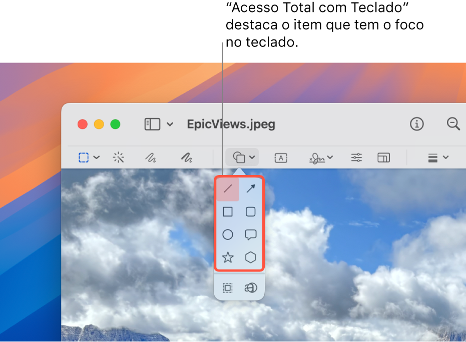 Janela Pré‑Visualização com a barra de ferramentas Marcação sendo mostrada. A ferramenta Formas está expandida para mostrar as opções. O Acesso Total com Teclado contornou a ferramenta que está em foco e o grupo a que ela pertence.