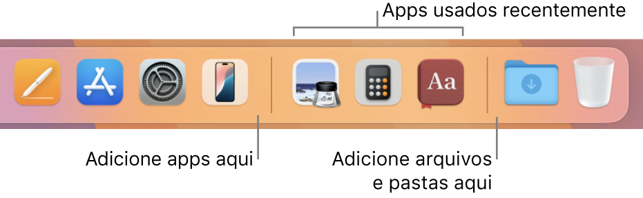 Uma parte do Dock mostrando as linhas de separação entre apps, apps usados recentemente e arquivos e pastas.