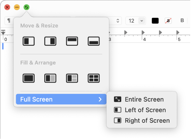 O menu que aparece quando você mantém o cursor sobre o botão verde no canto superior esquerdo de uma janela.