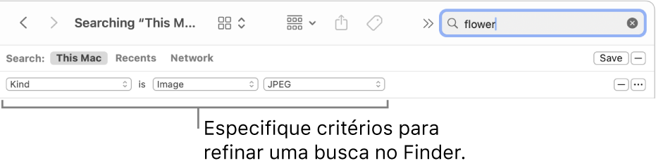 Uma janela do Finder com campos para especificar os critérios de busca.