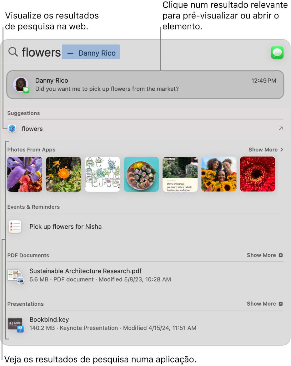 A janela do Spotlight a mostrar texto de pesquisa no campo de pesquisa na parte superior da janela e os resultados por baixo.